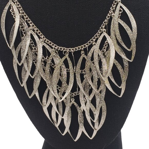 Triple Layered Brushed Silver Tone Feather Bib Necklace - Picture 5 of 13
